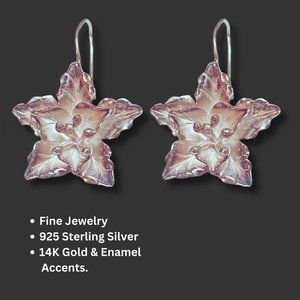 Flowered Earrings Fine Jewelry 925 Sterling Silver, 14k Gold and Enamel Accents
